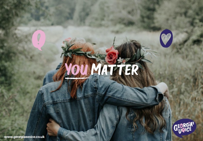 Image shows two people walking with arms over shoulders in a field. It reads: "You Matter".