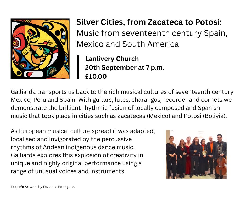 Image shows information about event. Artwork in the top right corner. Bottom left corner shows a group of people- one holding a cello