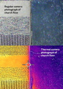 Image shows a church floor - one with a normal camera and one with a heat detecting camera.