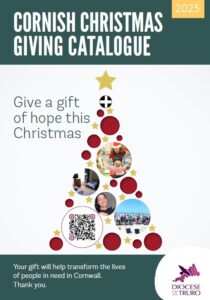 The front cover of the 2025 Christmas Giving Catalogue. It has an image of a Christmas tree with red baul balls and images from charities on some of the baul balls.