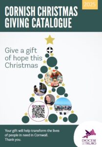 Front cover of the Cornish Christmas Giving Catalogue with a Christmas tree and images making up some of the baulbals. 