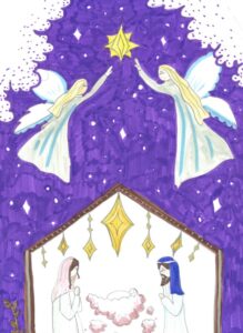 Purple Christmas card design with 2 angels over a stable.