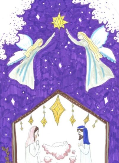 Purple Christmas card design with 2 angels over a stable.