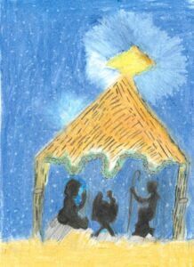 A blue Christmas card design with a stable.