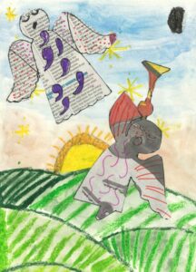 A Christmas card design with 2 angels, fields and a sunrise.