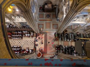 An image looking down from the top of Truro Cathedral with falling poppies.
