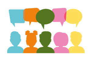 colour silhouettes of people's heads and shoulders with speech bubbles above.